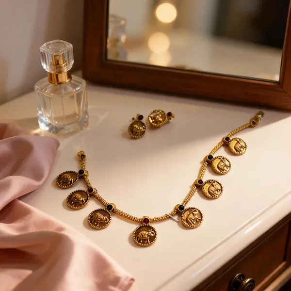 Gold-Tone_Stainless_Steel_Coin_Motif_Necklace_Set_For_Women