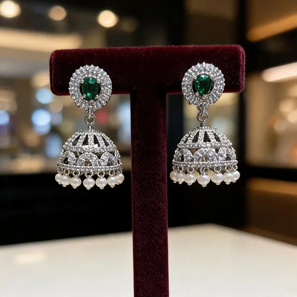 Silver_Green_Stone_Stainless_Steel_Jhumka_Earrings_For_Women