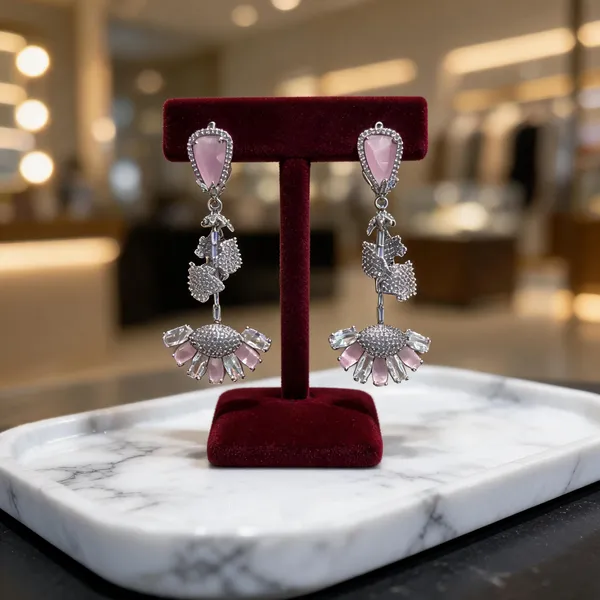Silver_Pink_Stone_Stainless_Steel_Floral_Drop_Earrings_For_Women