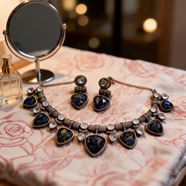 Blue_Stainless_Steel_Antique_Stone_Necklace_Earrings_Set_For_Women
