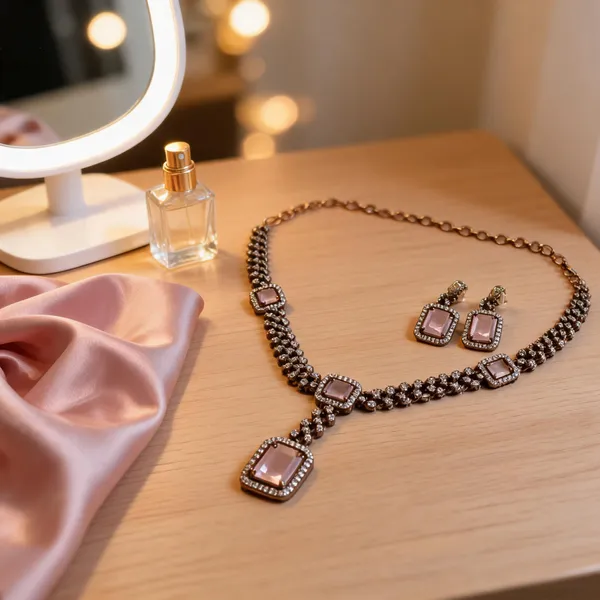 Pink_Stainless_Steel_Stone_Embellished_Necklace_Earrings_Set_For_Women
