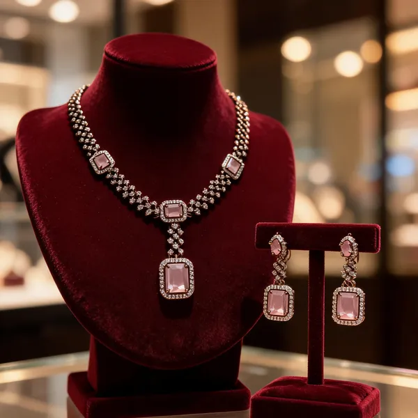 Pink_Stainless_Steel_Stone_Embellished_Necklace_Earrings_Set_For_Women