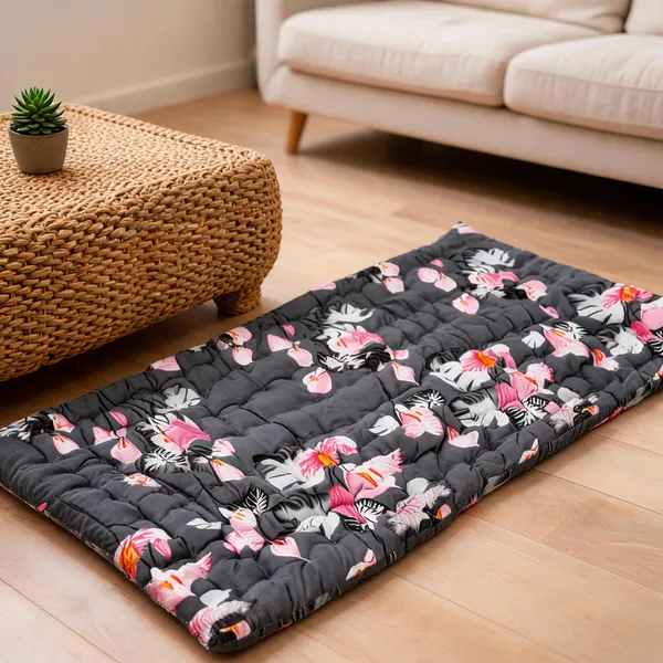 Grey_Cotton_Floral_Print_Quilted_Floor_Mattress_Bedroom