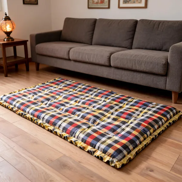Multicolor_Cotton_Checkered_Quilted_Rollable_Floor_Mattress_Bedroom