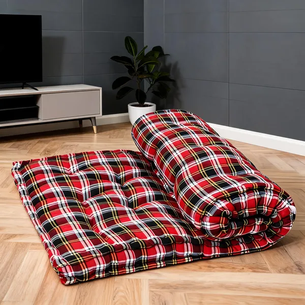 Red_Cotton_Quilted_Red_Plaid_Floor_Mattress_Bedroom