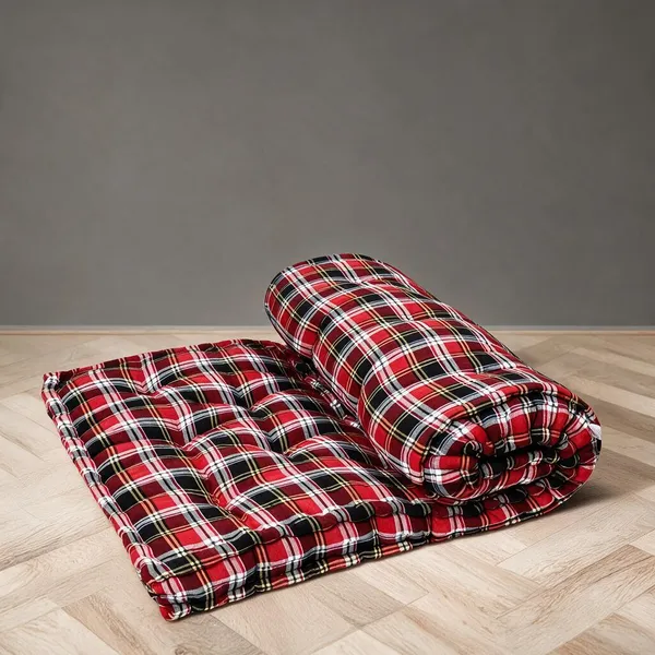 Red_Cotton_Quilted_Red_Plaid_Floor_Mattress_Bedroom
