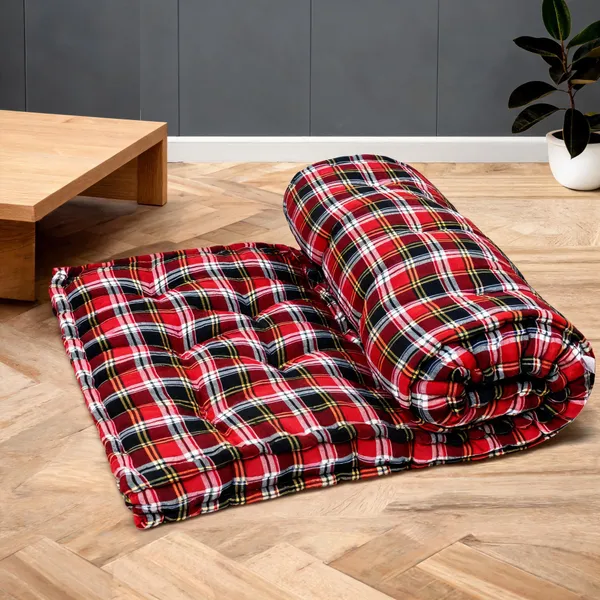 Red_Cotton_Quilted_Red_Plaid_Floor_Mattress_Bedroom