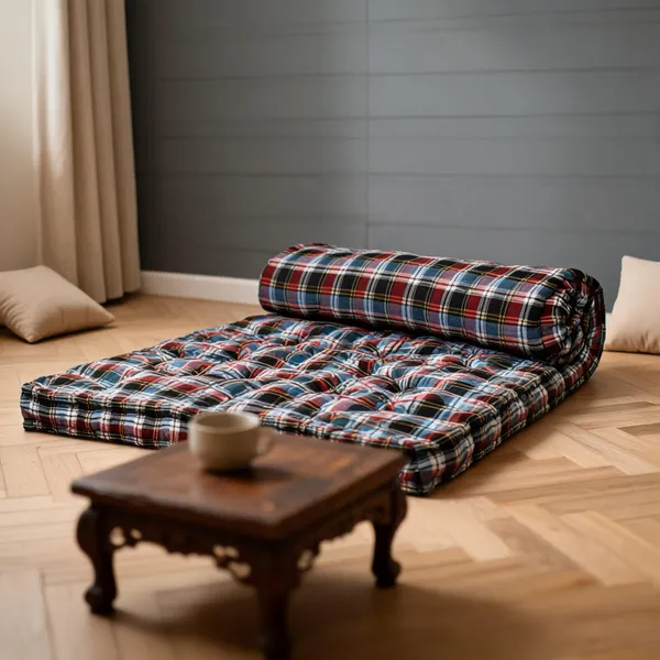 Multicolor_Cotton_Quilted_Plaid_Floor_Mattress_Bedroom