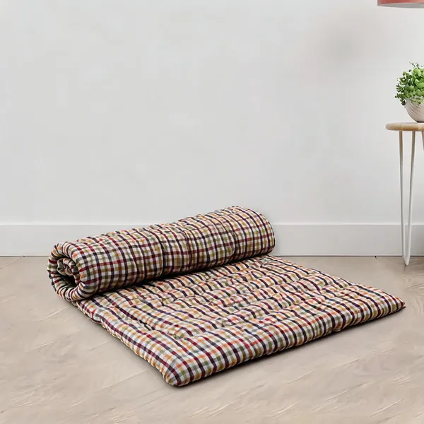 Beige_Cotton_Quilted_Checkered_Foldable_Floor_Mattress_Bedroom
