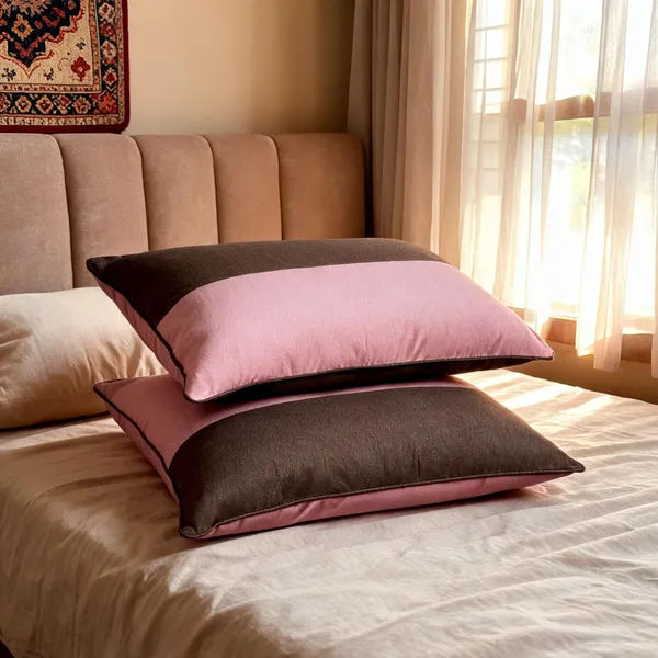 Pink__And__Brown_Fiber_Reversible_Solid_Cushion_Set_Bedroom_Set_Of_2