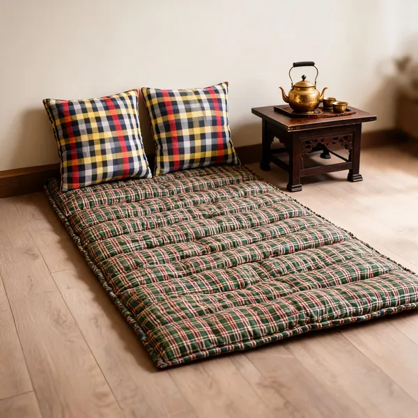 Multicolor_Cotton_Checkered_Quilted_Rollable_Floor_Mattress_Bedroom