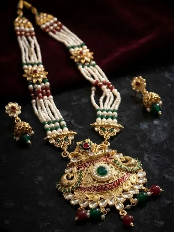 Gold-Tone_Multicolor_Beaded_Temple_Necklace_Set_For_Women