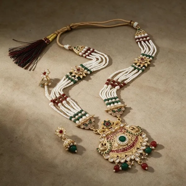 Gold-Tone_Multicolor_Beaded_Temple_Necklace_Set_For_Women