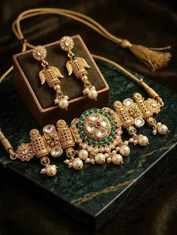 Gold_Tone_Kundan_Green_Stone_Pearl_Drop_Necklace_Set_For_Women