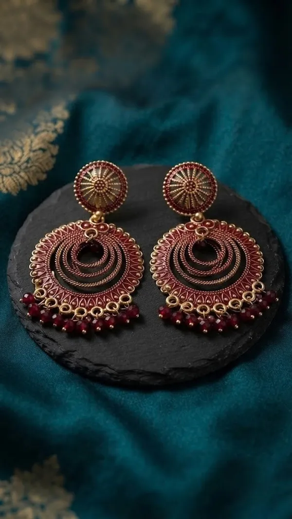 Maroon_Gold_Tone_Filigree_Chandbali_Earrings_For_Women