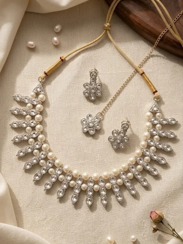Silver_Tone_Pearl_Stone_Teardrop_Necklace_Set_For_Women