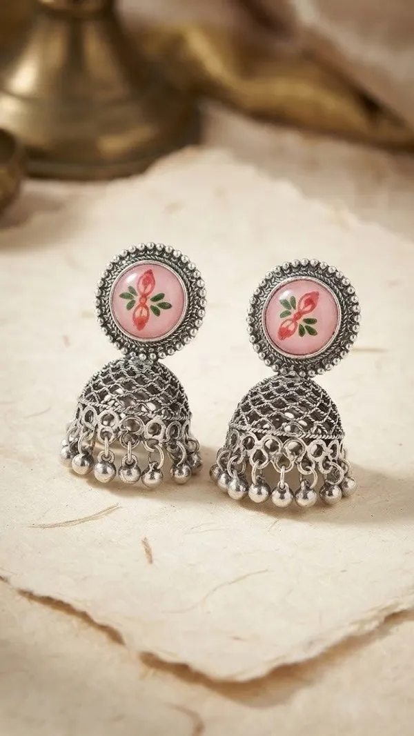 Silver_Oxidised_Pink_Floral_Dome_Jhumka_Earrings_For_Women