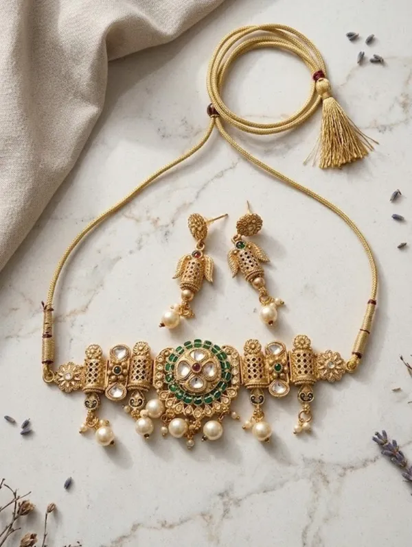 Gold_Tone_Kundan_Green_Stone_Pearl_Drop_Necklace_Set_For_Women