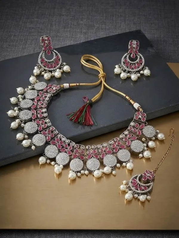 Pink_Gold-Tone_Stone_Pearl_Bridal_Necklace_Set_For_Women