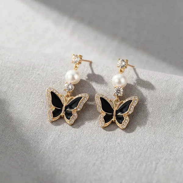 Gold-Tone_Black_Butterfly_Pearl_Drop_Earrings_For_Women