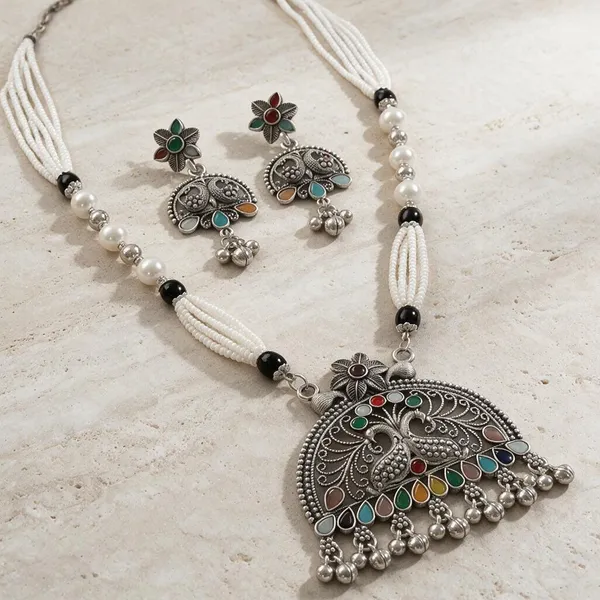 Silver_Oxidised_Peacock_Beaded_Necklace_Set_For_Women