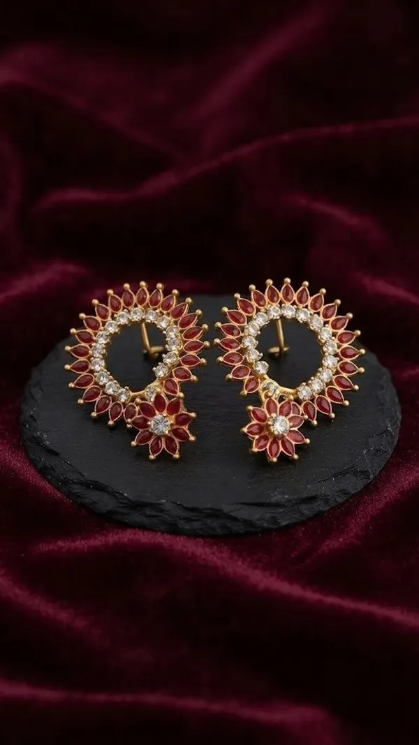 Maroon_Gold_Tone_Floral_Stone_Earrings_For_Women