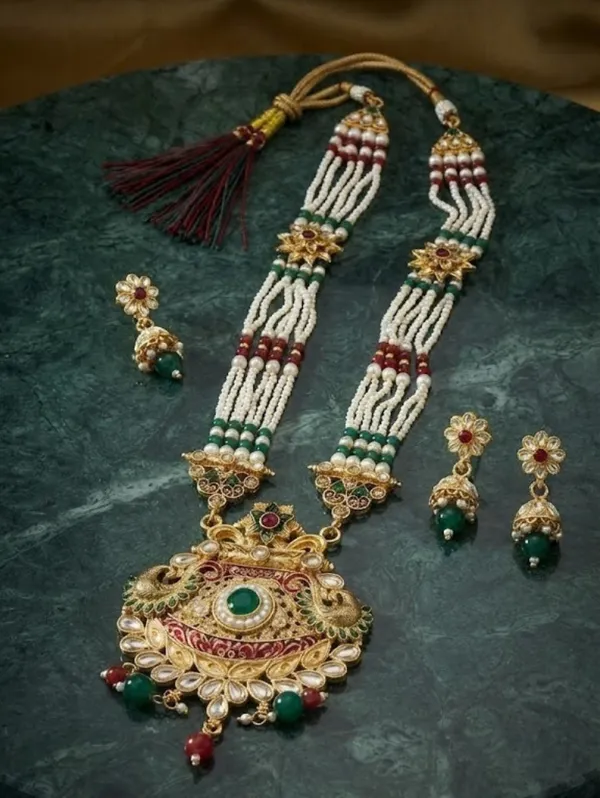 Gold-Tone_Multicolor_Beaded_Temple_Necklace_Set_For_Women