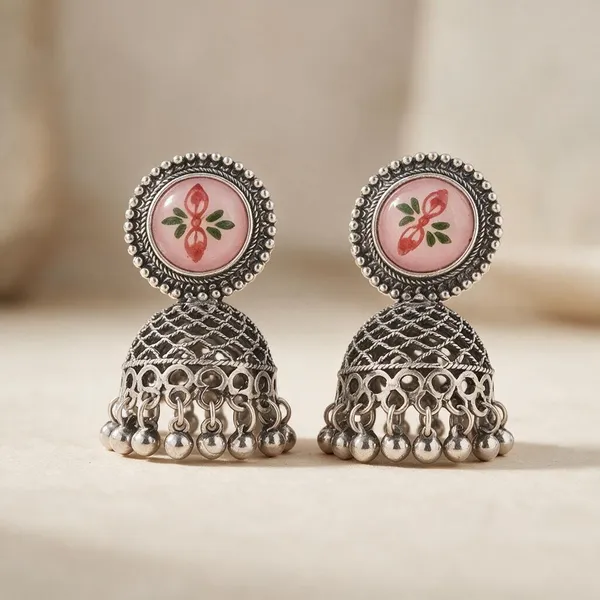 Silver_Oxidised_Pink_Floral_Dome_Jhumka_Earrings_For_Women