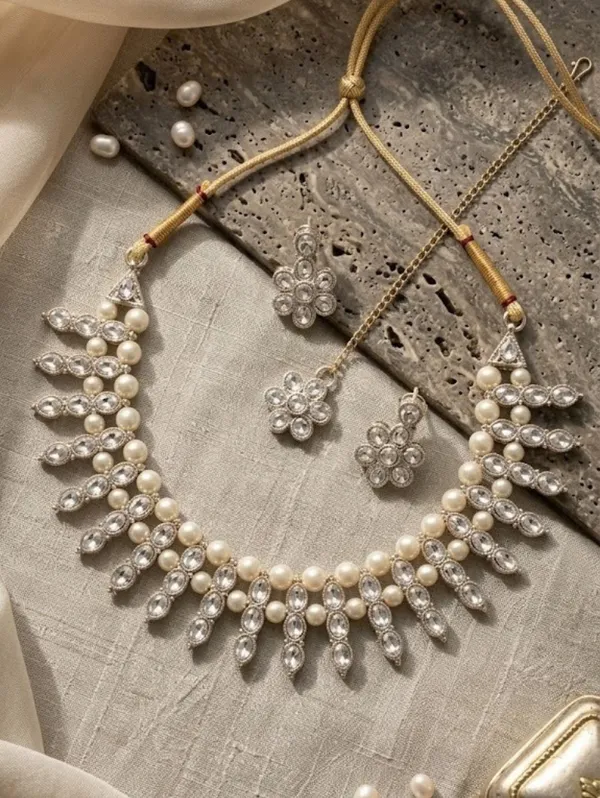 Silver_Tone_Pearl_Stone_Teardrop_Necklace_Set_For_Women