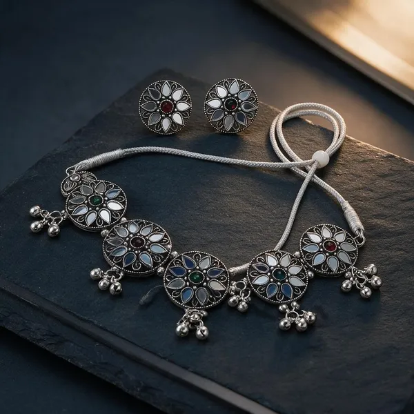 Silver_Oxidised_Floral_Stone_Traditional_Necklace_Set_For_Women