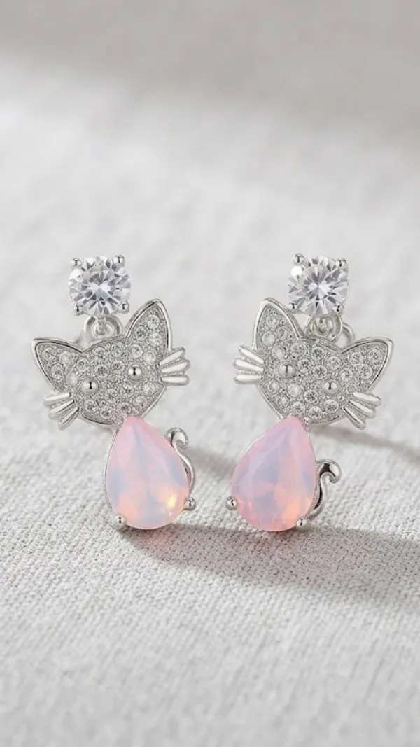 Silver-Tone_Cat_Shape_Pink_Stone_Drop_Earrings_For_Women
