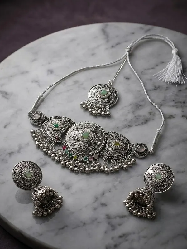 Silver_Oxidised_Choker_Necklace_Earrings_And_Maang_Tikka_Set_For_Women