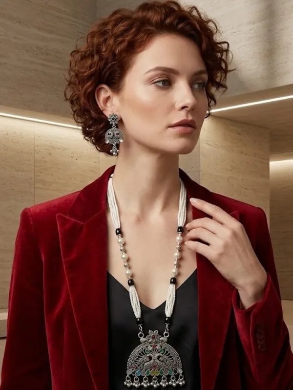 Silver_Oxidised_Peacock_Beaded_Necklace_Set_For_Women
