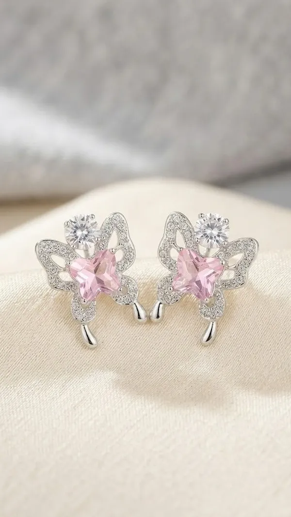 Pink_Crystal_Butterfly_Silver_Tone_Earrings_For_Women