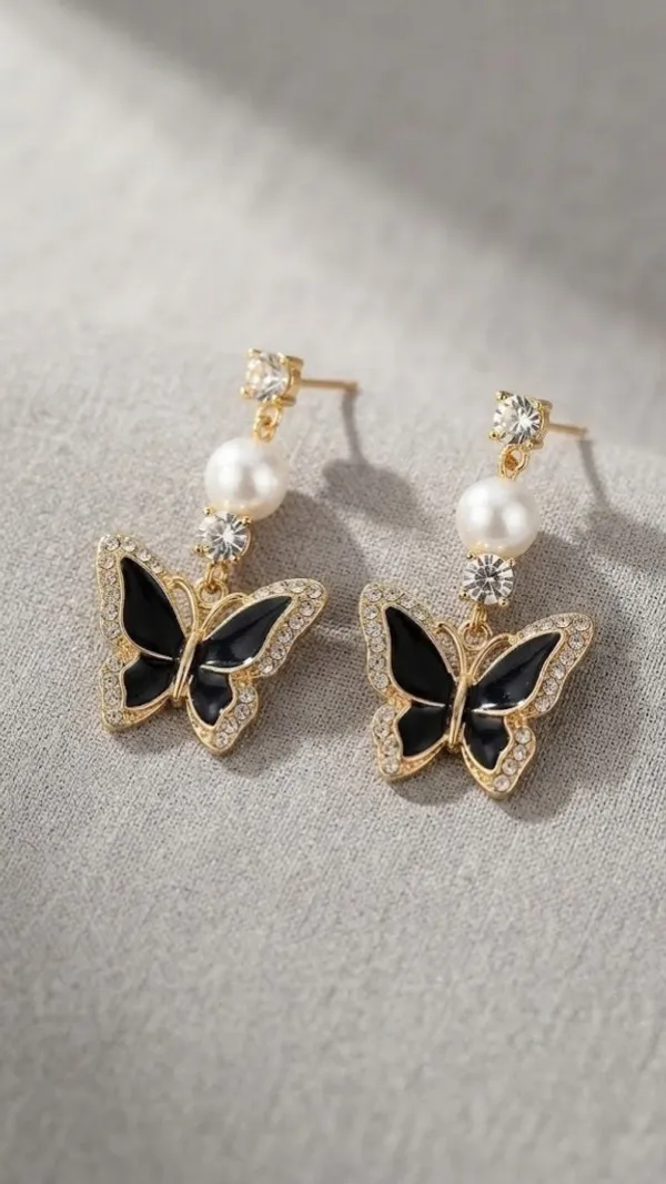 Gold-Tone_Black_Butterfly_Pearl_Drop_Earrings_For_Women