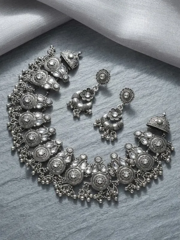Silver_Oxidized_Layered_Ornamental_Necklace_Set_For_Women