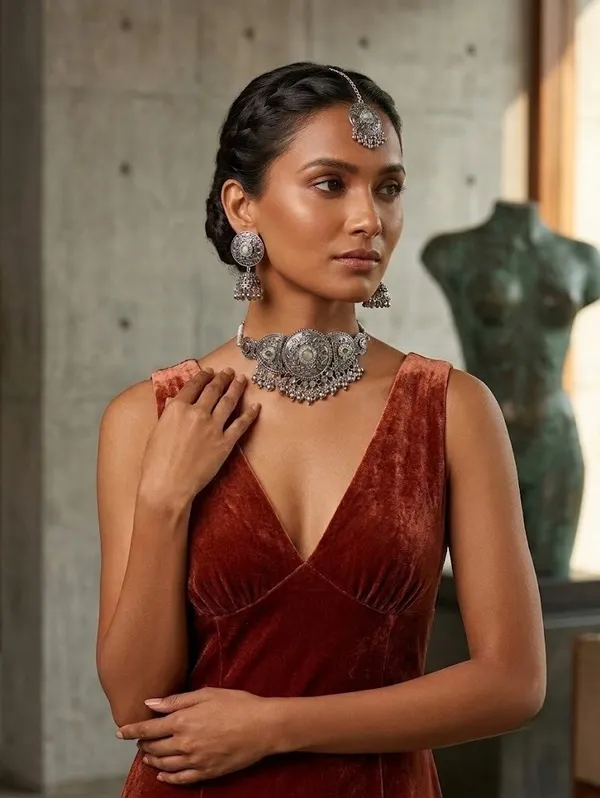 Silver_Oxidised_Choker_Necklace_Earrings_And_Maang_Tikka_Set_For_Women