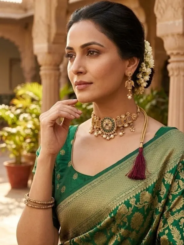 Gold_Tone_Kundan_Green_Stone_Pearl_Drop_Necklace_Set_For_Women
