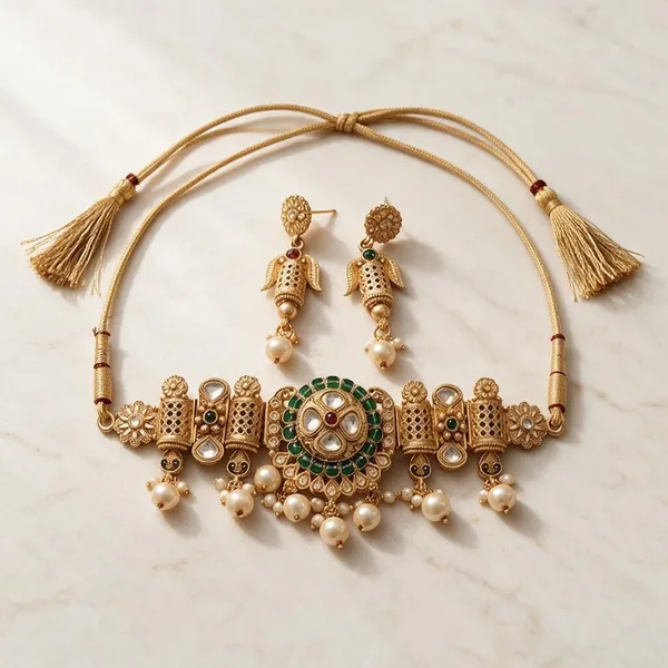 Gold_Tone_Kundan_Green_Stone_Pearl_Drop_Necklace_Set_For_Women