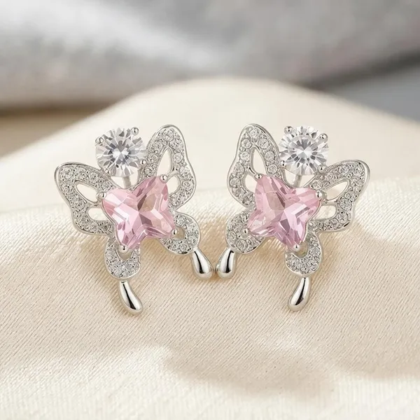Pink_Crystal_Butterfly_Silver_Tone_Earrings_For_Women