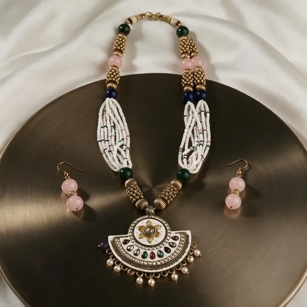 Multicolour_Beaded_Gold-Tone_Statement_Necklace_Set_For_Women