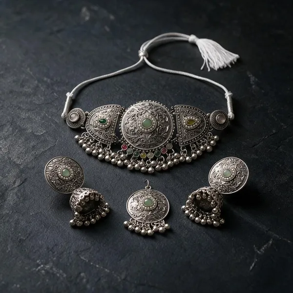 Silver_Oxidised_Choker_Necklace_Earrings_And_Maang_Tikka_Set_For_Women