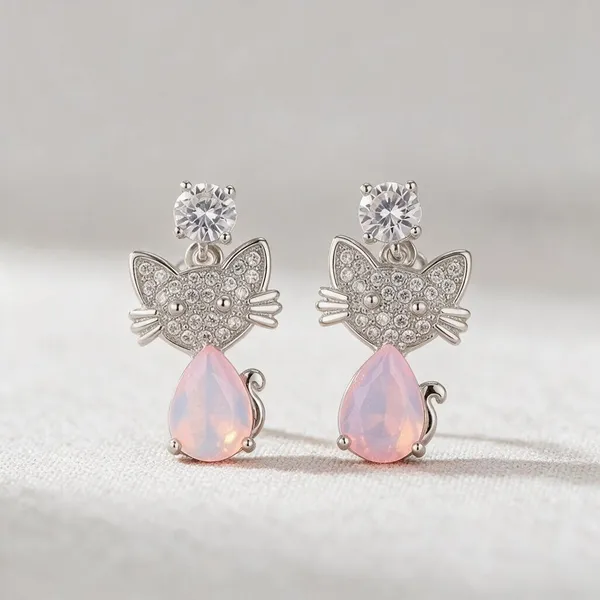 Silver-Tone_Cat_Shape_Pink_Stone_Drop_Earrings_For_Women