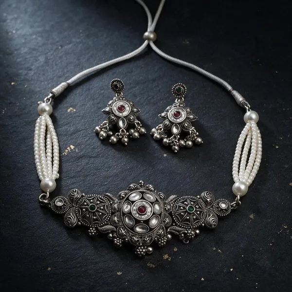 Silver_Oxidised_Stone-Accent_Statement_Necklace_Set_For_Women