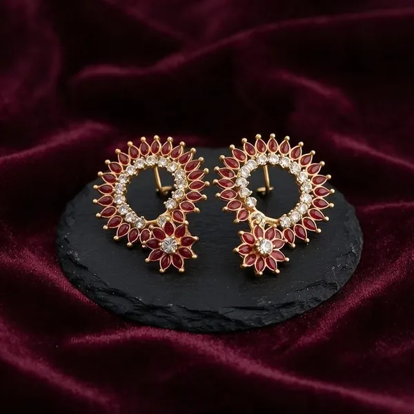 Maroon_Gold_Tone_Floral_Stone_Earrings_For_Women