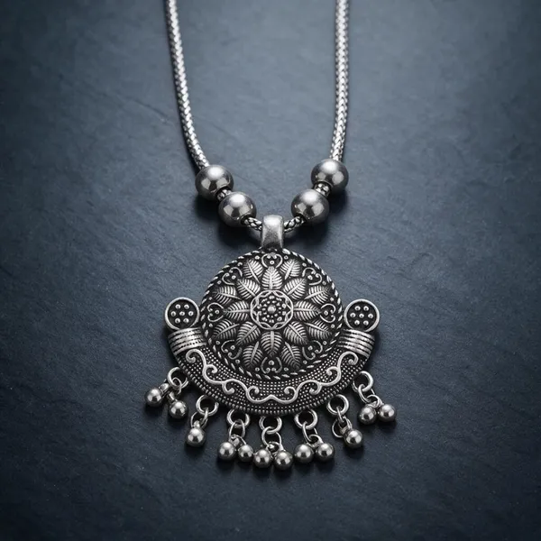 Silver_Oxidized_Floral_Engraved_Statement_Necklace_For_Women