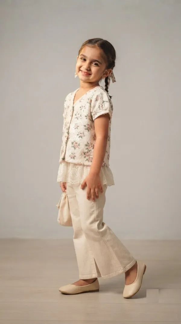 Cream_Floral_Print_Top_And_Trousers_Set_For_Girls
