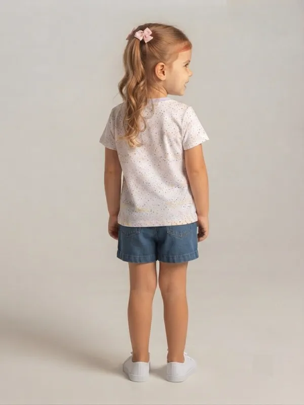 White_Printed_T-Shirt_And_Blue_Shorts_Set_for_Girls