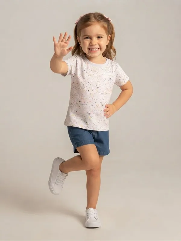 White_Printed_T-Shirt_And_Blue_Shorts_Set_for_Girls