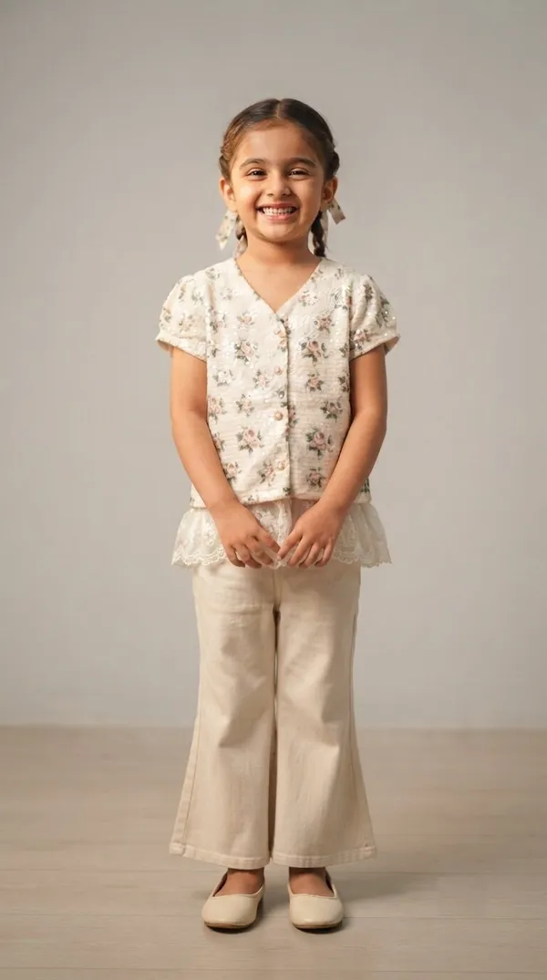 Cream_Floral_Print_Top_And_Trousers_Set_For_Girls
